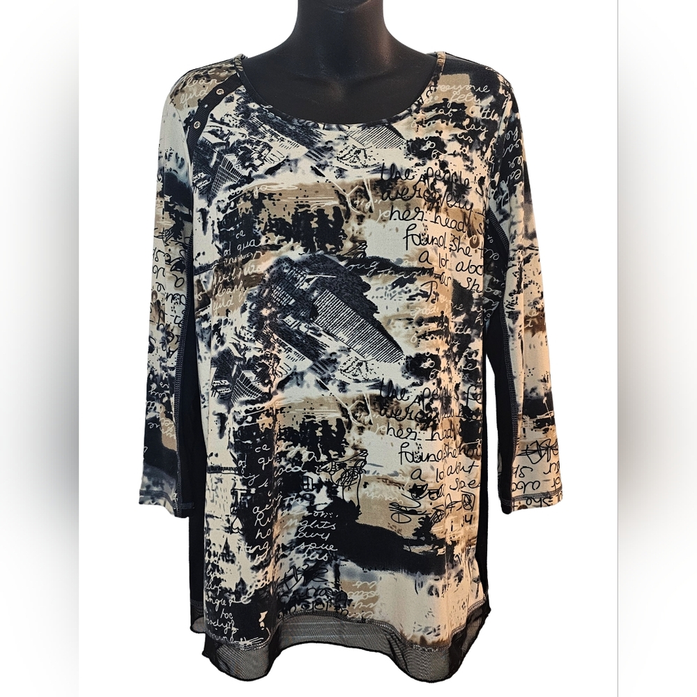 [Alison Sheri] Handwritten Abstract 3/4 Sleeve Black & Cream Scoop Neck Top